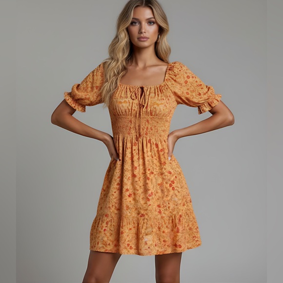 Ditsy Floral Print Knot Front Puff Sleeve Dress - Picture 3 of 6
